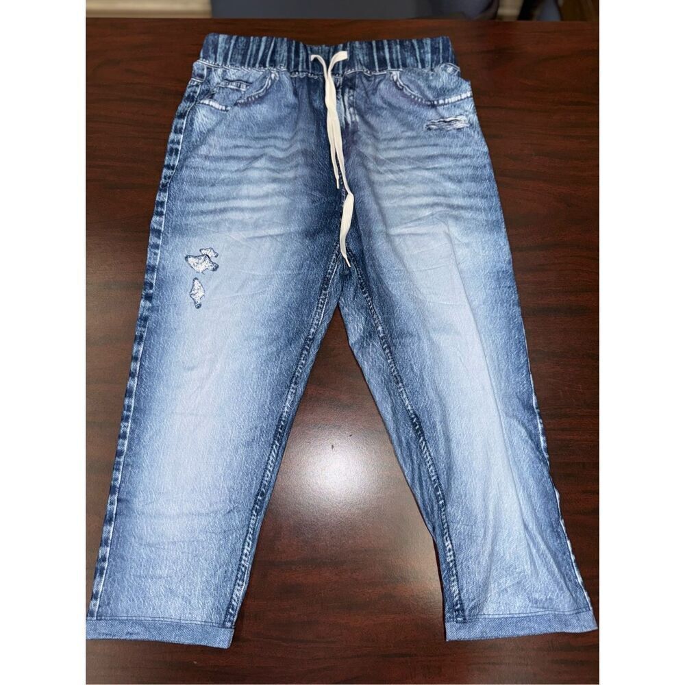 SHEIN Pull On Drawstring Waist Faux Denim Capri Leggings Size Medium
